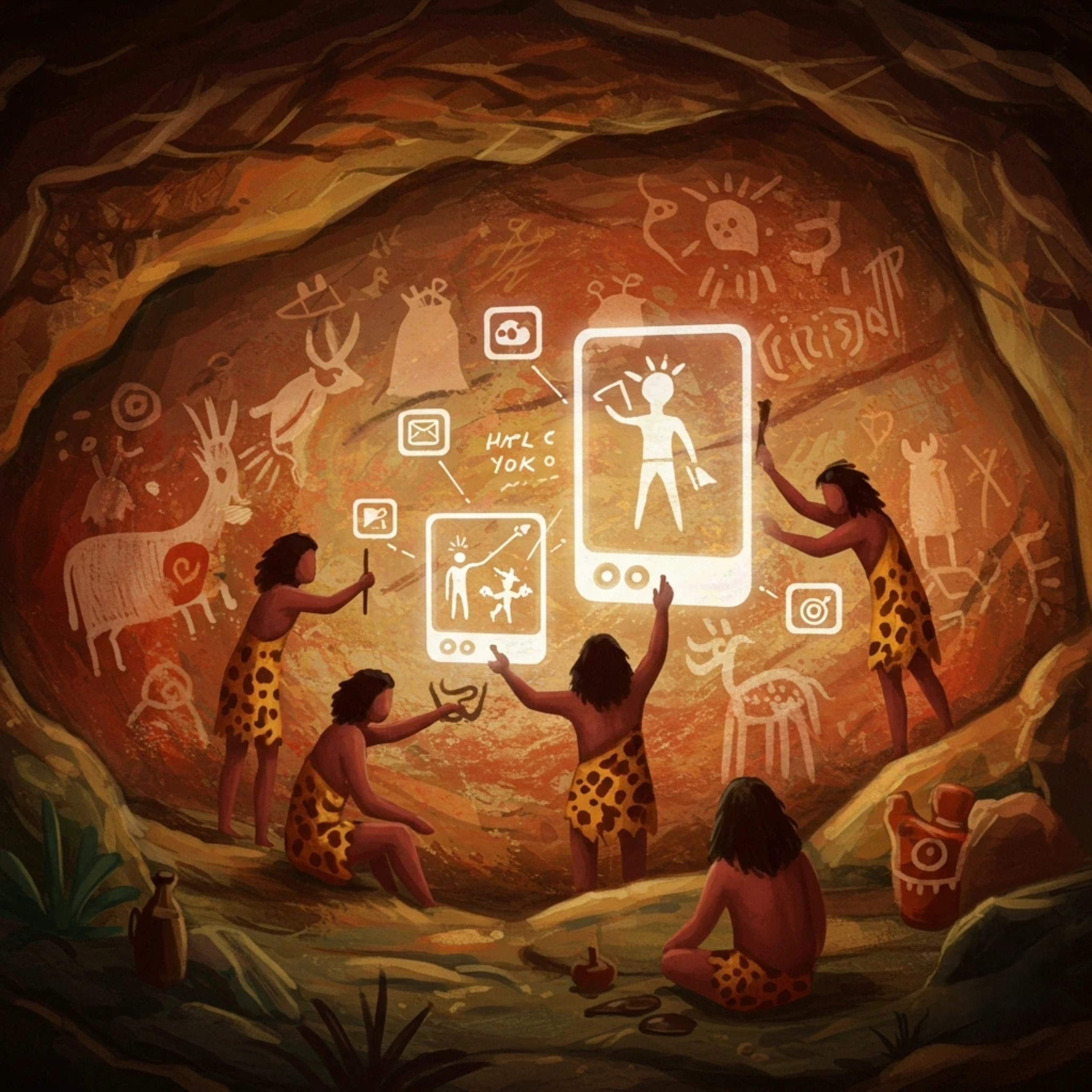 Cave people gathered around glowing mobile device interfaces painted on a cave wall — a metaphor for how long humans have been figuring out device management