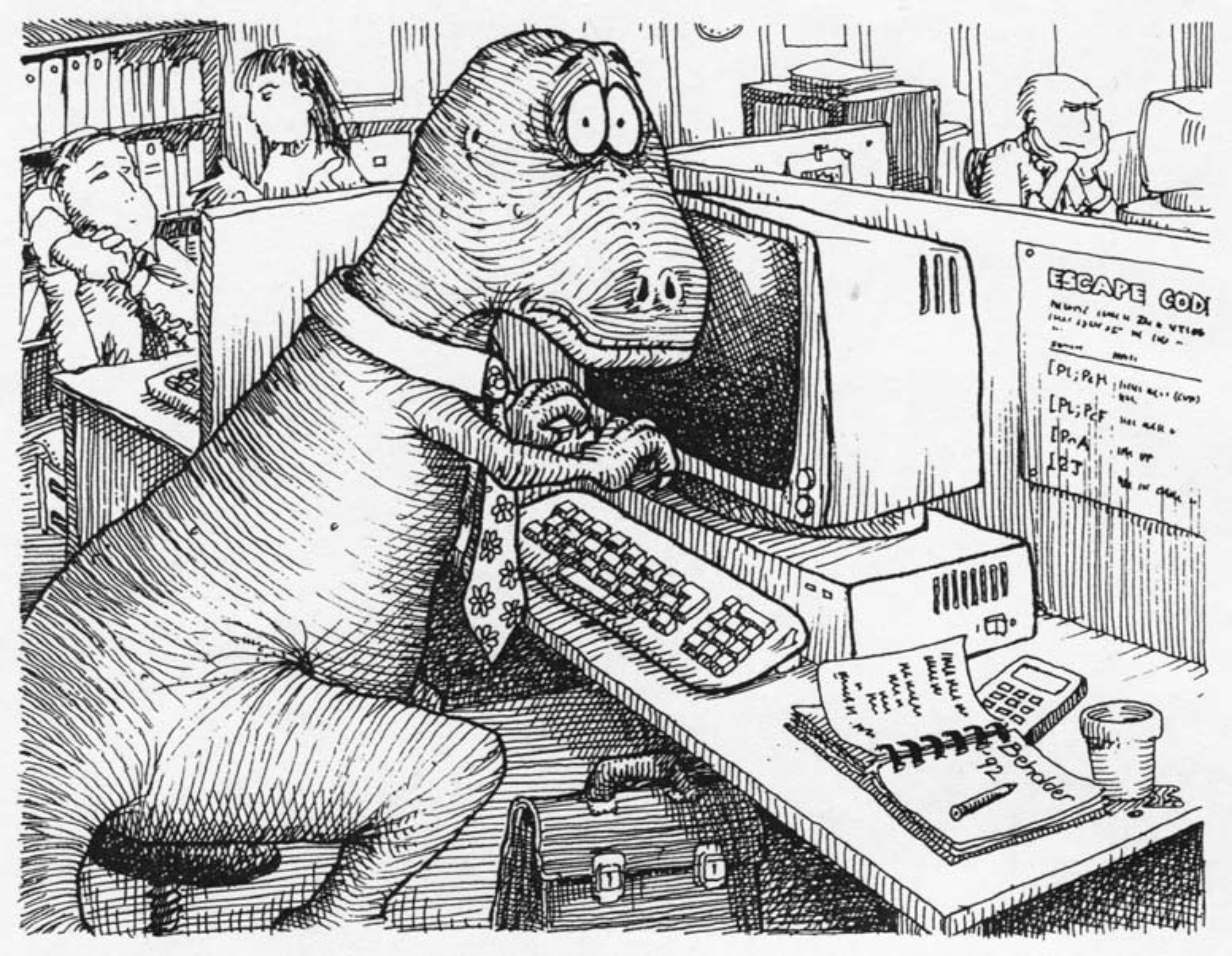 A cartoon dinosaur in a tie, typing at an old desktop computer in an office — a visual metaphor for clinging to outdated tools long past their usefulness
