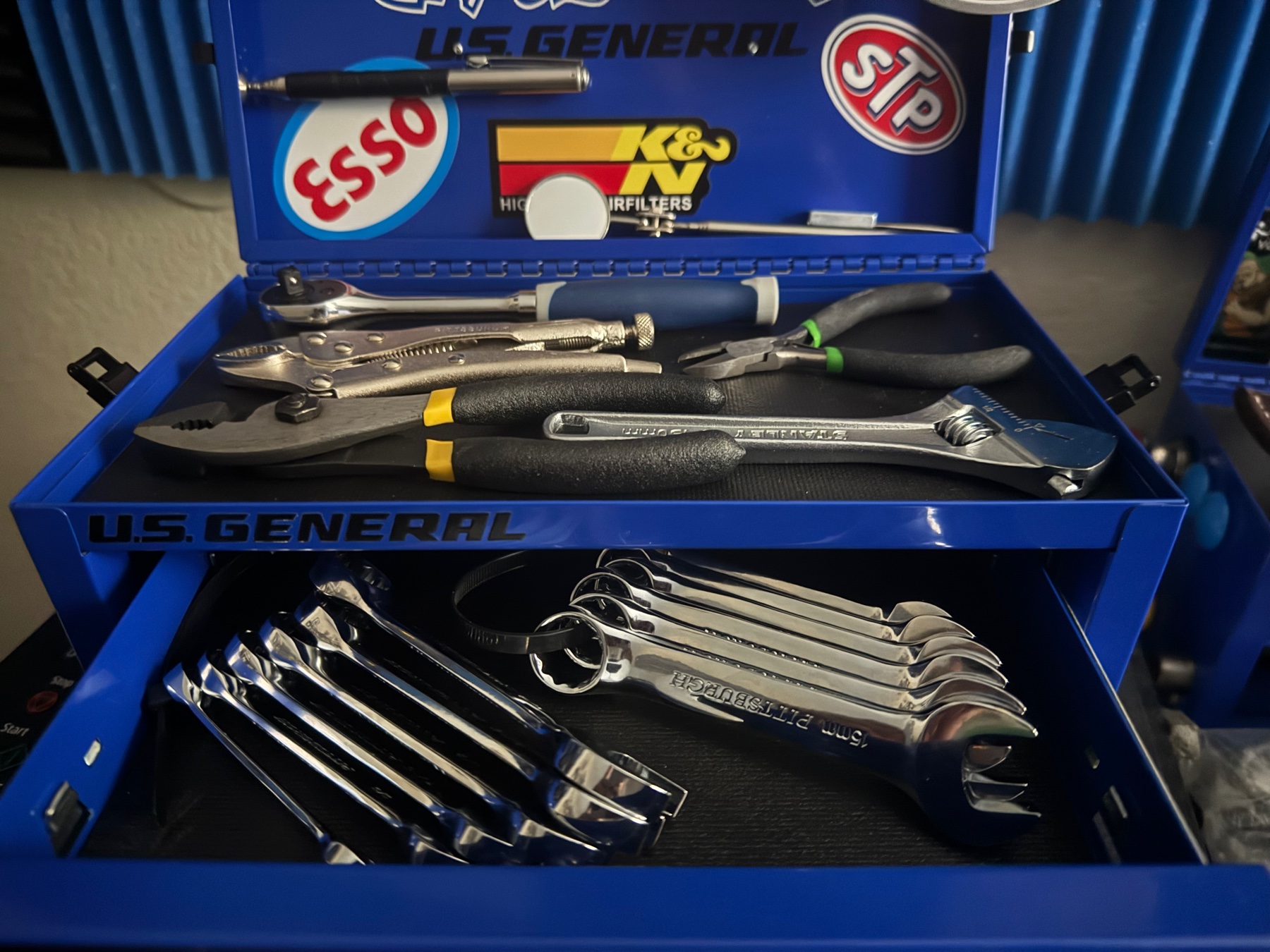 View of top layer and first drawer with wrenches