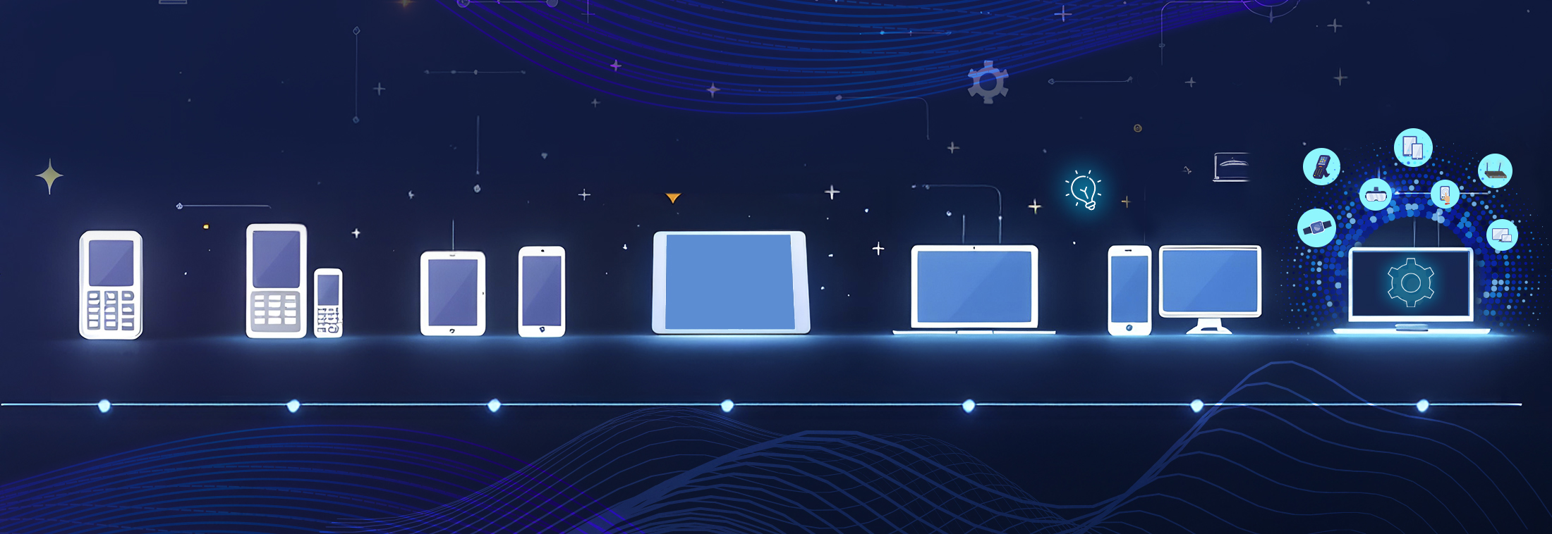 Mobile device evolution timeline showing the progression from feature phones through smartphones, tablets, laptops and IoT devices