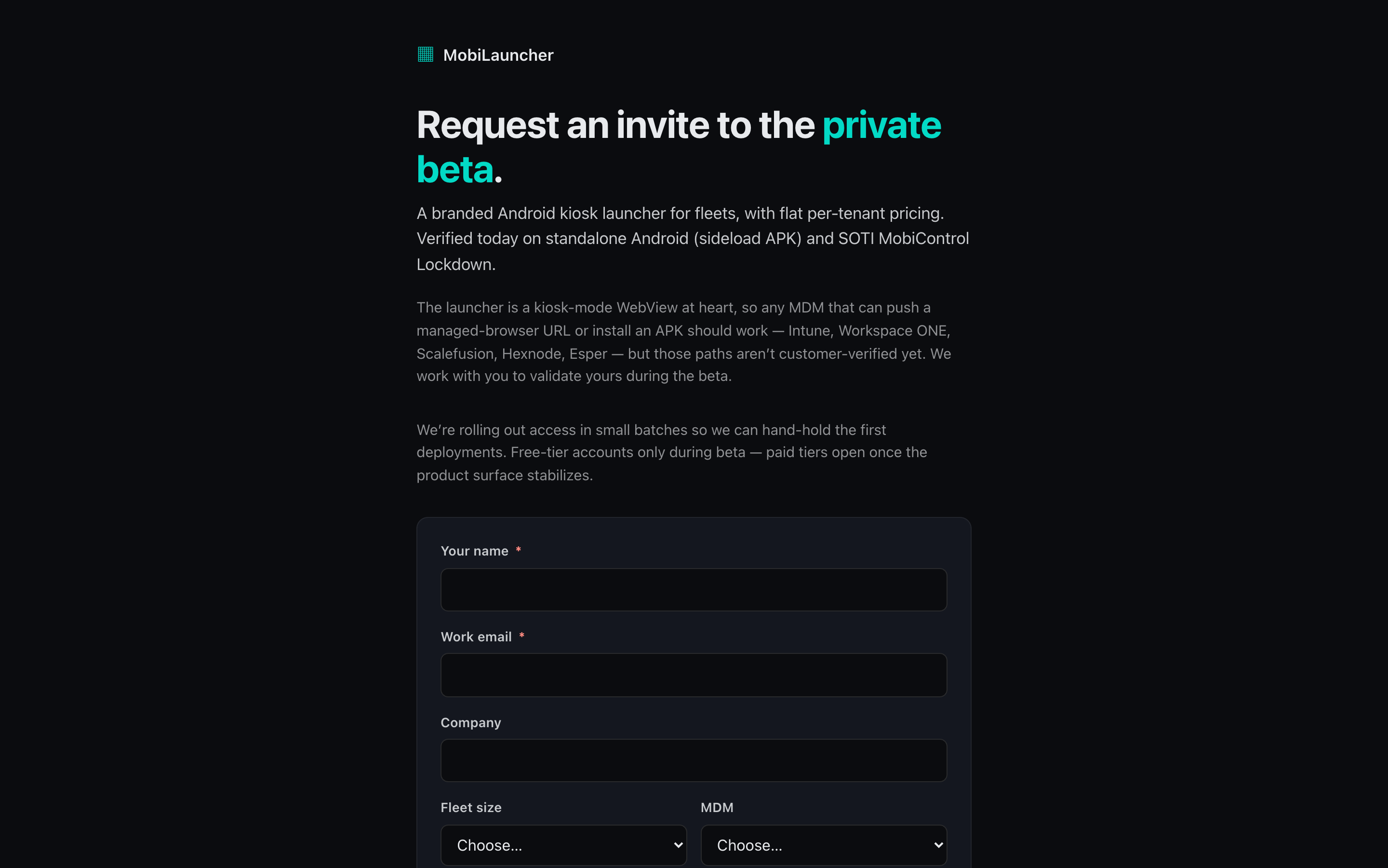 MobiLauncher landing page