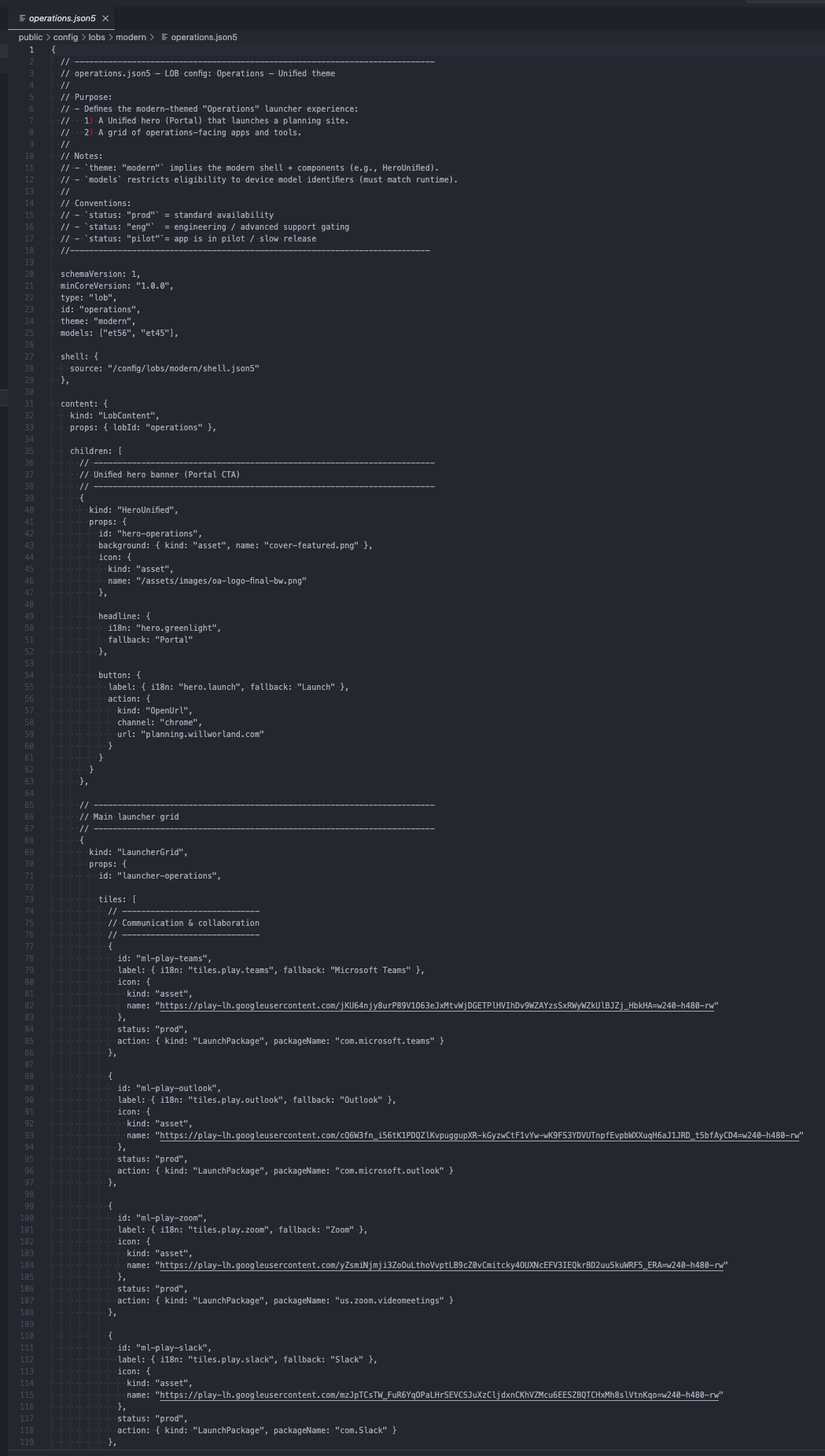 Operations JSON configuration defining a modern shell and launcher tiles