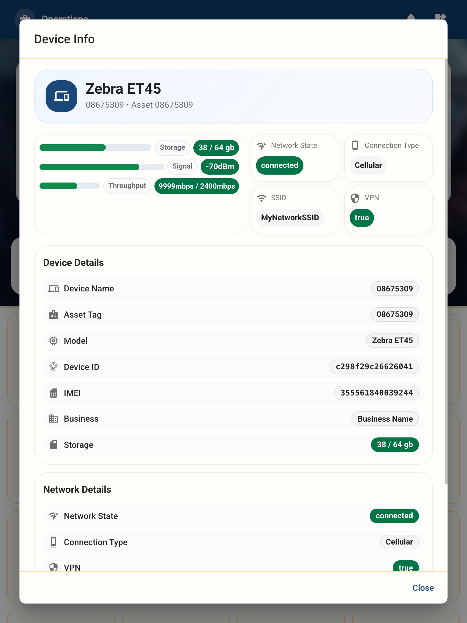 Device info panel in MobiLauncher showing Zebra ET45 details, storage, signal, VPN, and network data