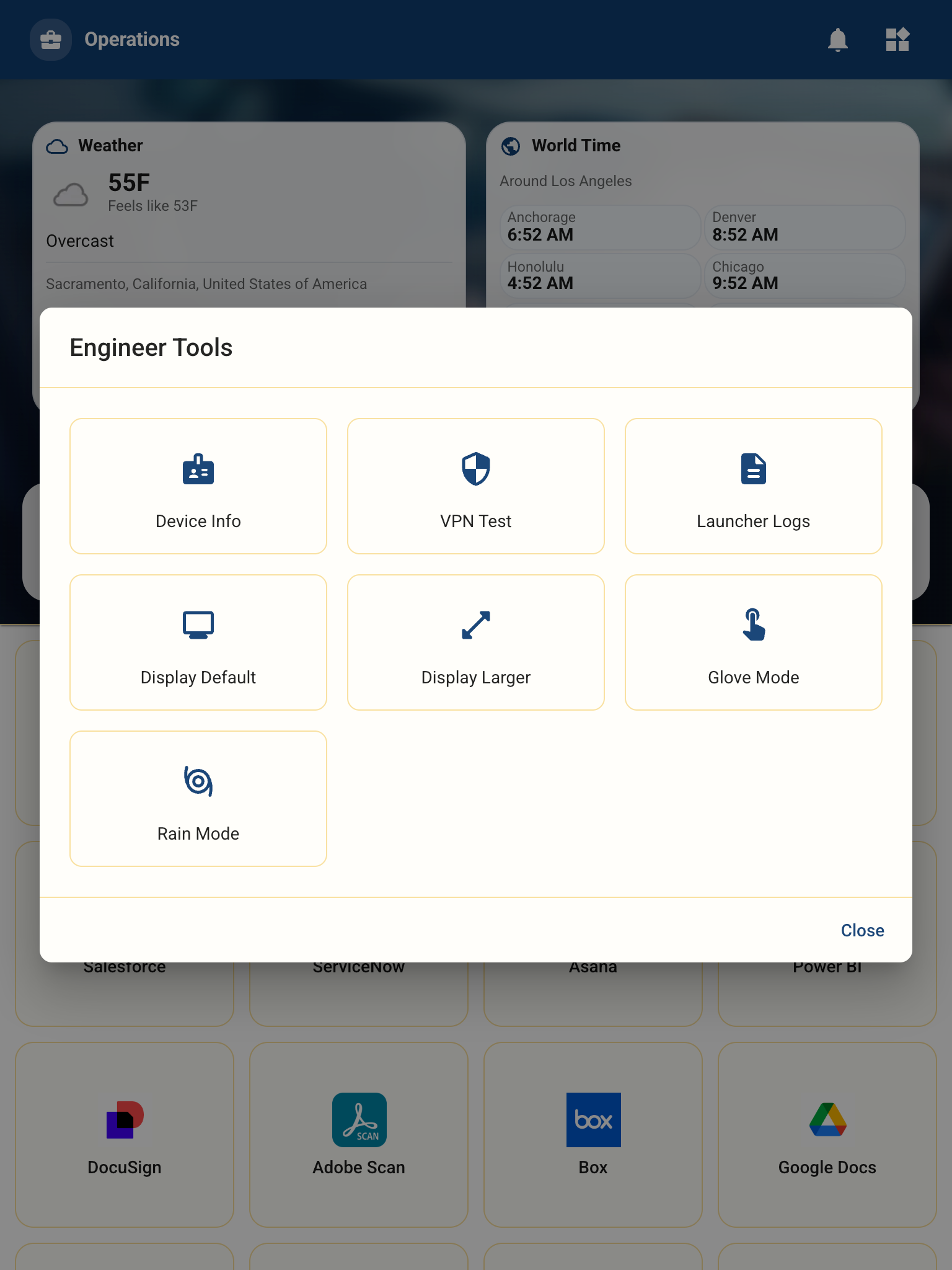 Engineer tools dialog in MobiLauncher with device info, VPN test, logs, and display controls