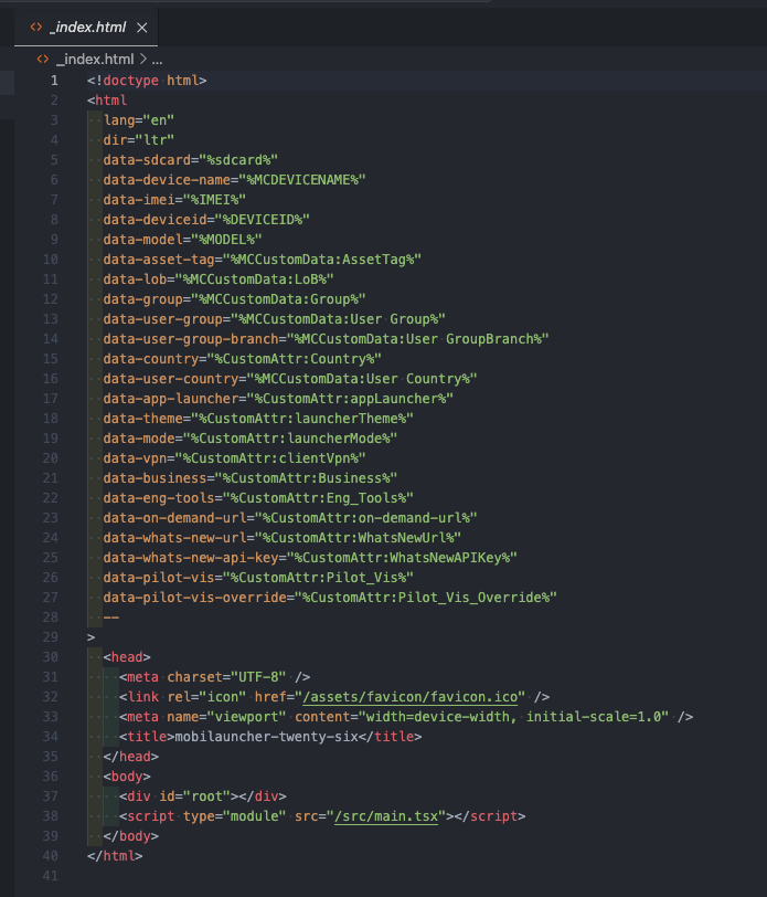 HTML index file with MobiControl-injected data attributes on the document element
