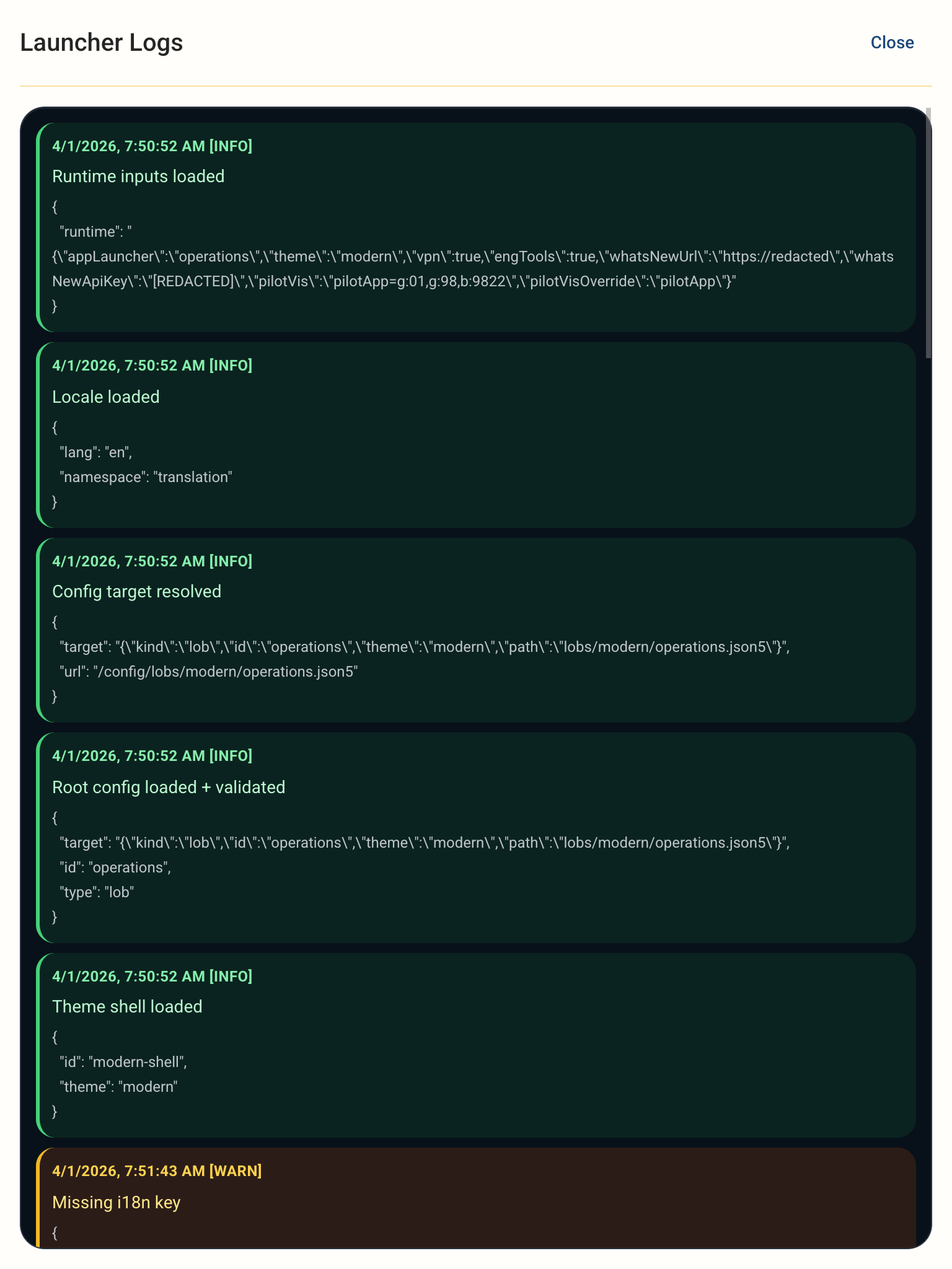 Launcher logs screen in MobiLauncher showing runtime inputs and config load events