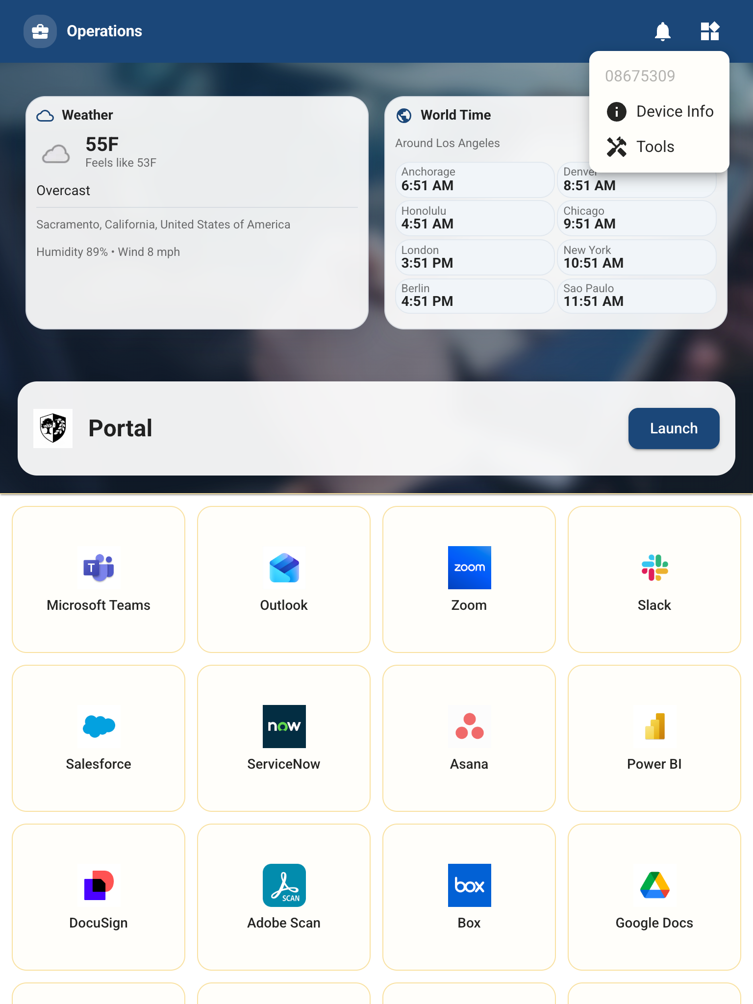 Overflow menu in MobiLauncher with device info and tools entries
