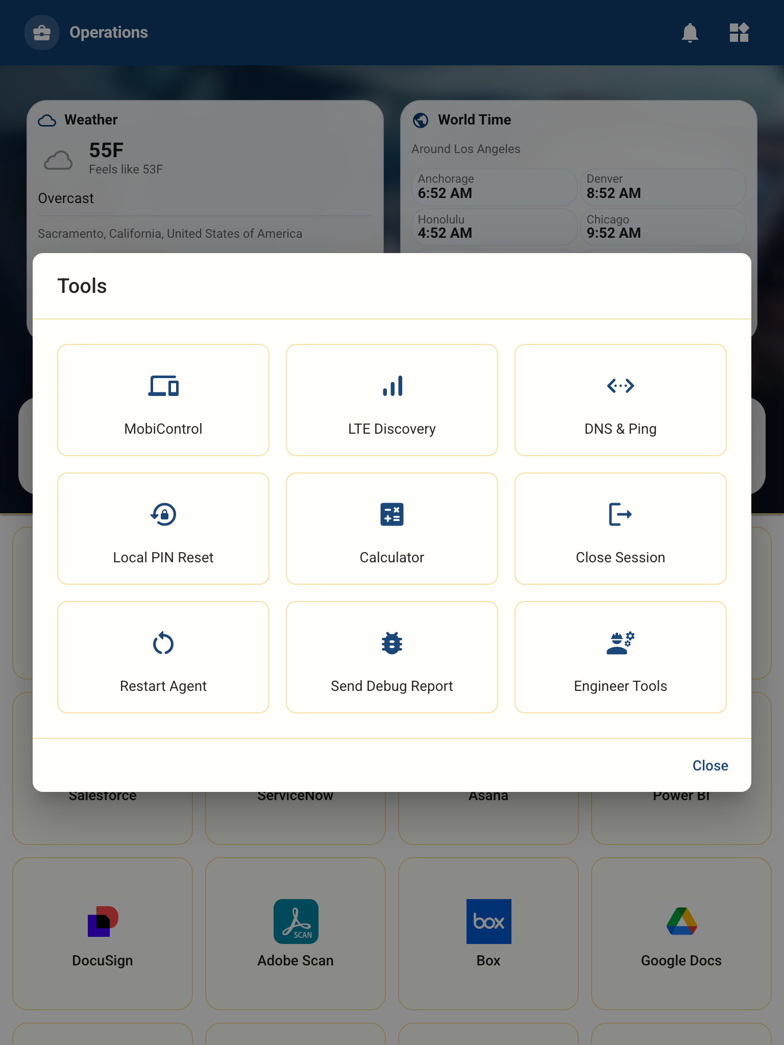 Tools dialog in MobiLauncher with operational actions like LTE discovery and restart agent